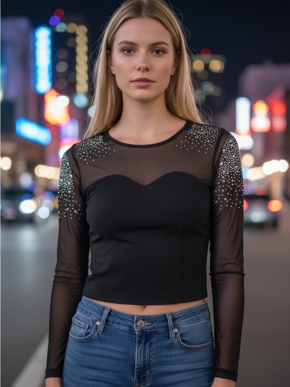 Love Letter M Sparkle Mesh Long-Sleeve Crop Top Black Bedazzled Rhinestones